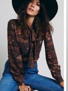 Novella Royale Brown Black Boho Floral Tie Neck Tunic Top/Mini Dress Small